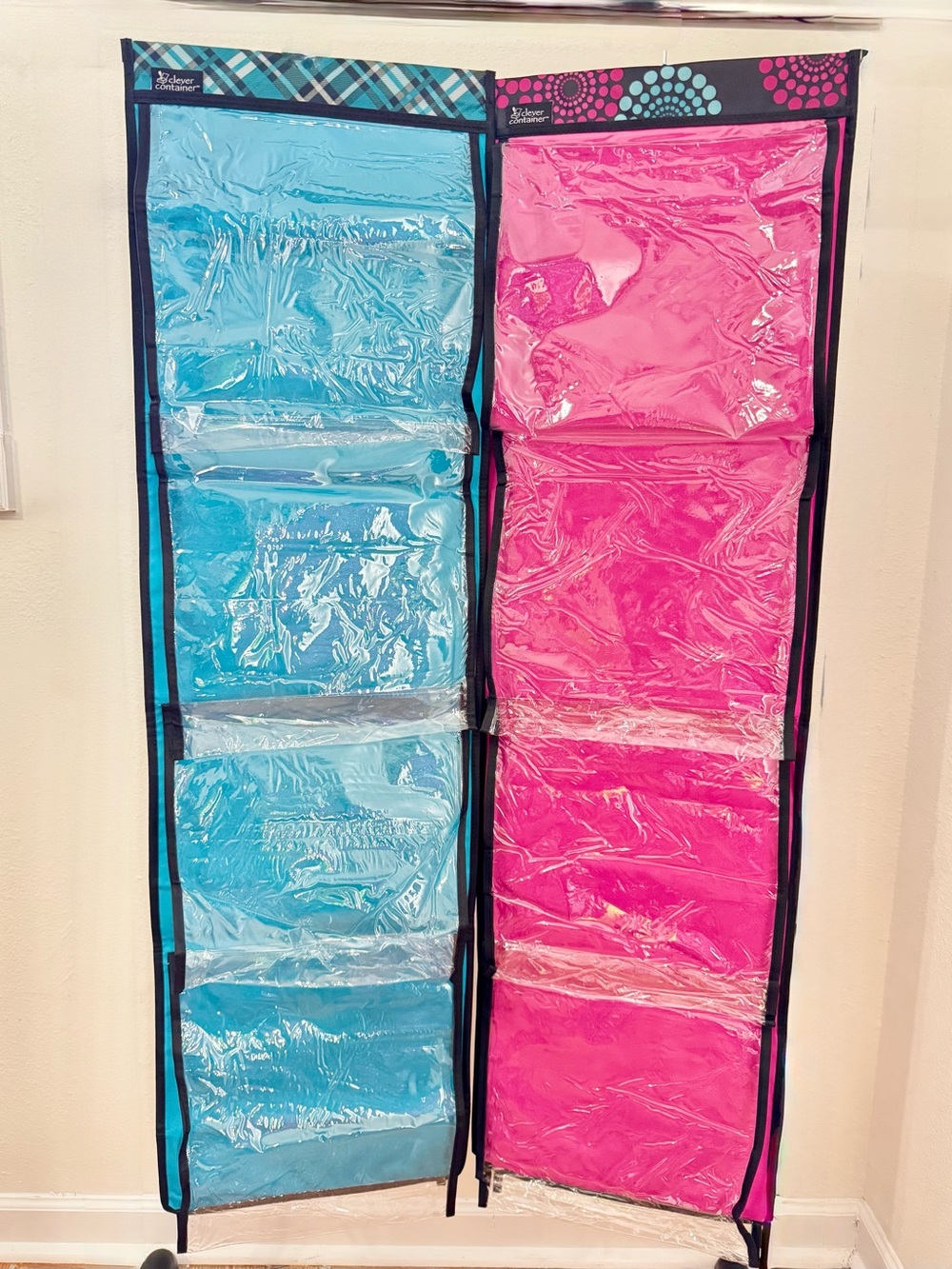 2Pcs Teal Fuchsia Hanging 2 Sided 8 Clear Pocket Closet Cubby Storage Organizer